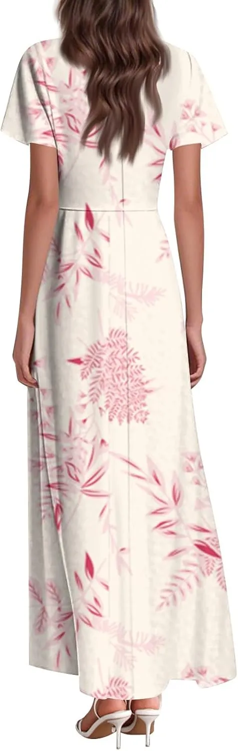 Chiffon Dresses for Women Swing Flowy Ruffle Hem Swing Dress Casual Summer Flutter Sleeve V Neck Beach Long Dresses