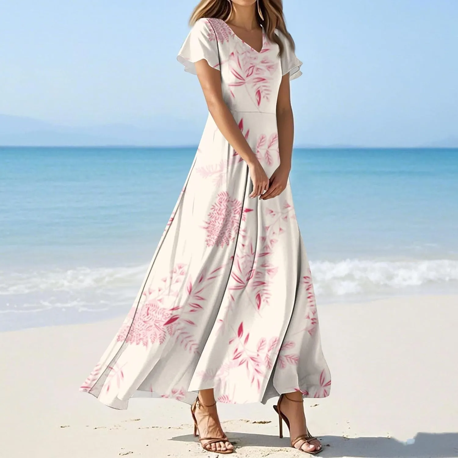 Chiffon Dresses for Women Swing Flowy Ruffle Hem Swing Dress Casual Summer Flutter Sleeve V Neck Beach Long Dresses