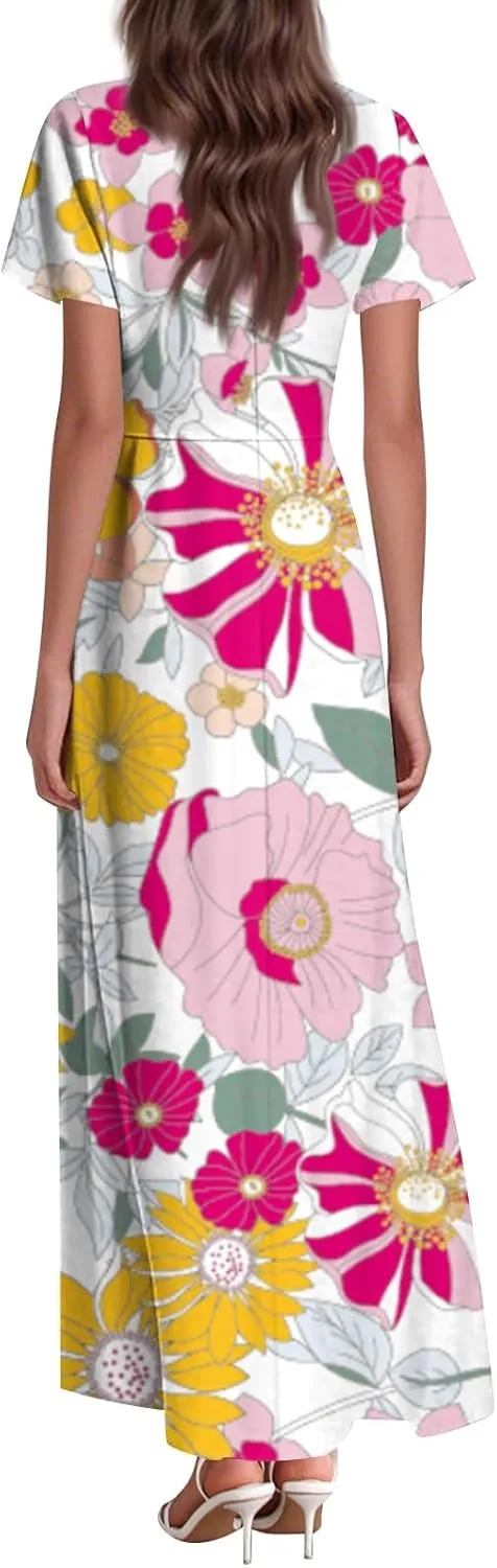 Chiffon Dresses for Women Swing Flowy Ruffle Hem Swing Dress Casual Summer Flutter Sleeve V Neck Beach Long Dresses