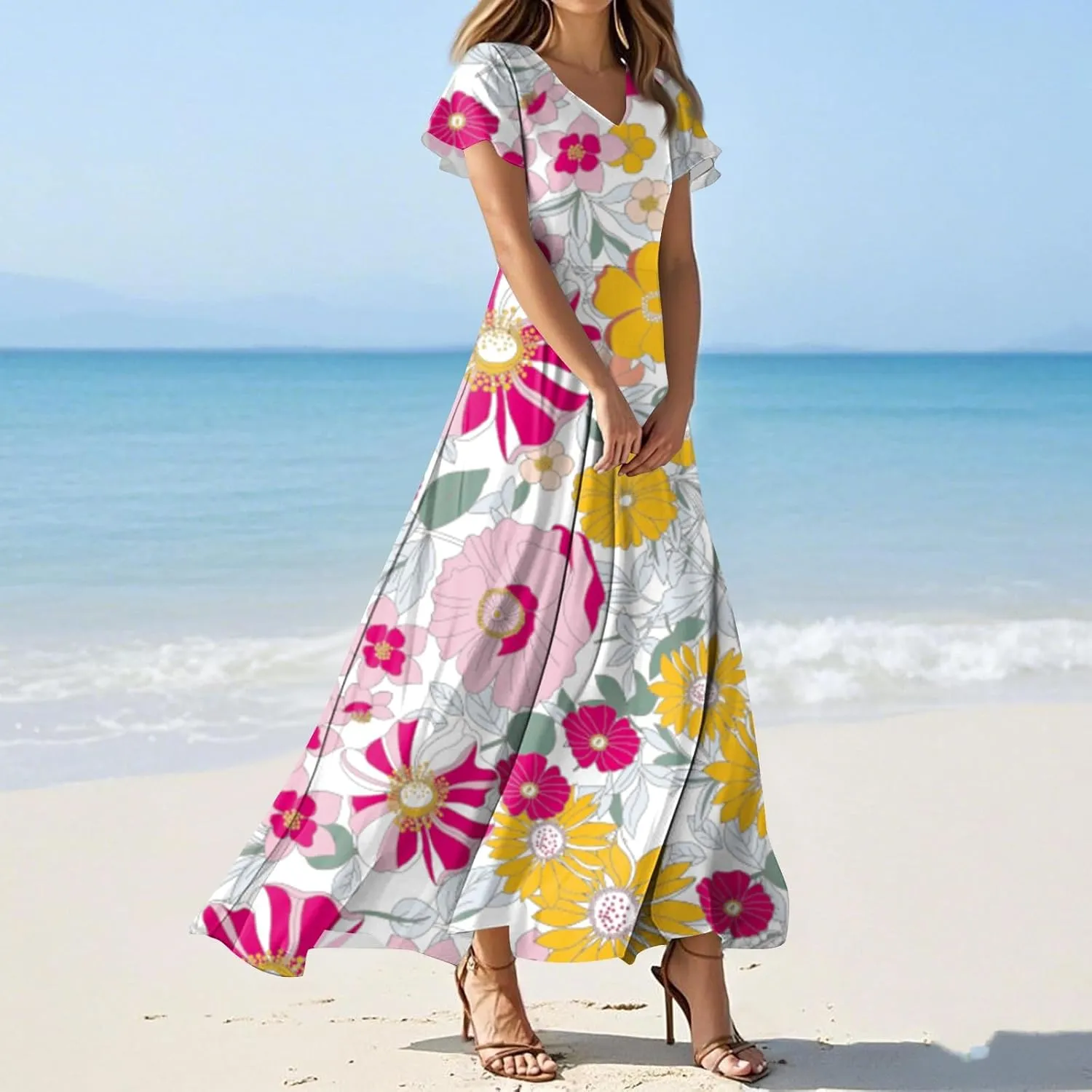 Chiffon Dresses for Women Swing Flowy Ruffle Hem Swing Dress Casual Summer Flutter Sleeve V Neck Beach Long Dresses