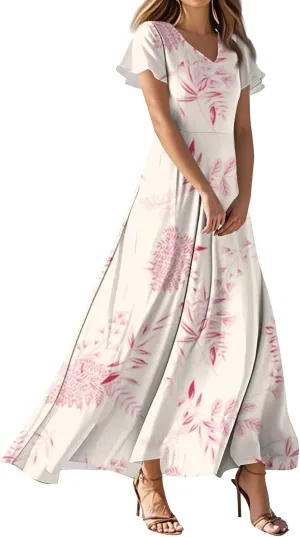 Chiffon Dresses for Women Swing Flowy Ruffle Hem Swing Dress Casual Summer Flutter Sleeve V Neck Beach Long Dresses
