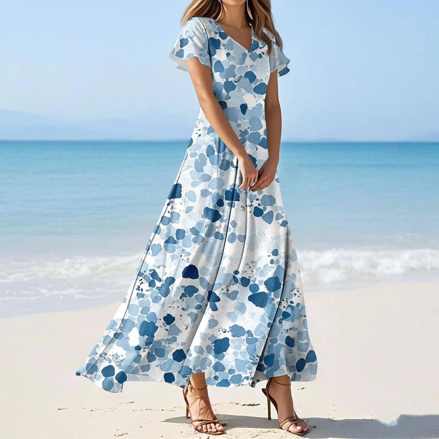 Chiffon Dresses for Women Swing Flowy Ruffle Hem Swing Dress Casual Summer Flutter Sleeve V Neck Beach Long Dresses