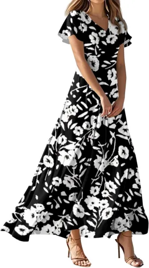 Chiffon Dresses for Women Swing Flowy Ruffle Hem Swing Dress Casual Summer Flutter Sleeve V Neck Beach Long Dresses
