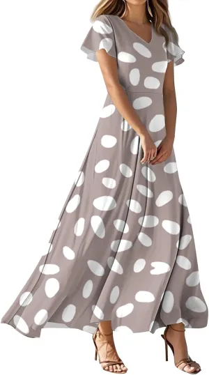 Chiffon Dresses for Women Swing Flowy Ruffle Hem Swing Dress Casual Summer Flutter Sleeve V Neck Beach Long Dresses