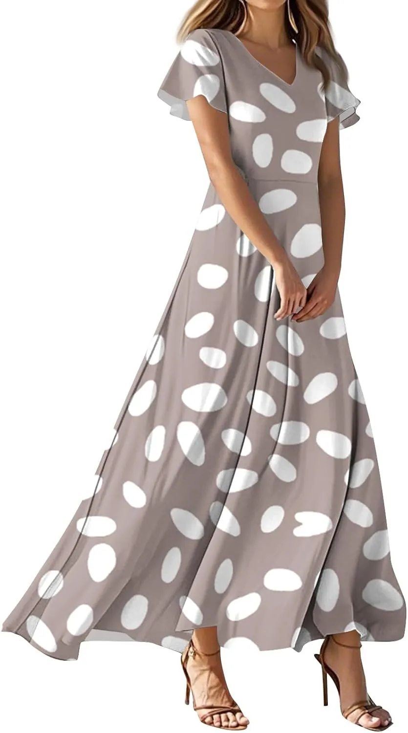 Chiffon Dresses for Women Swing Flowy Ruffle Hem Swing Dress Casual Summer Flutter Sleeve V Neck Beach Long Dresses