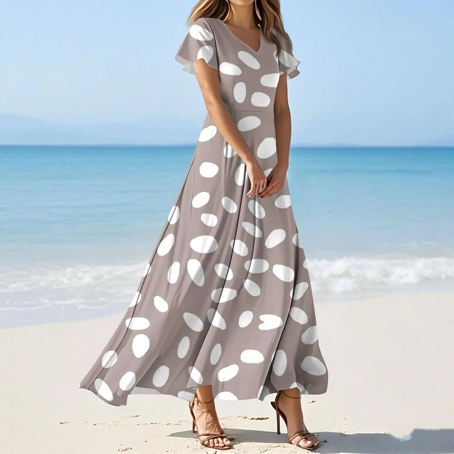 Chiffon Dresses for Women Swing Flowy Ruffle Hem Swing Dress Casual Summer Flutter Sleeve V Neck Beach Long Dresses