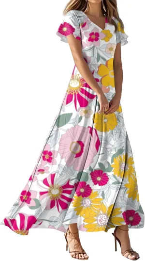 Chiffon Dresses for Women Swing Flowy Ruffle Hem Swing Dress Casual Summer Flutter Sleeve V Neck Beach Long Dresses