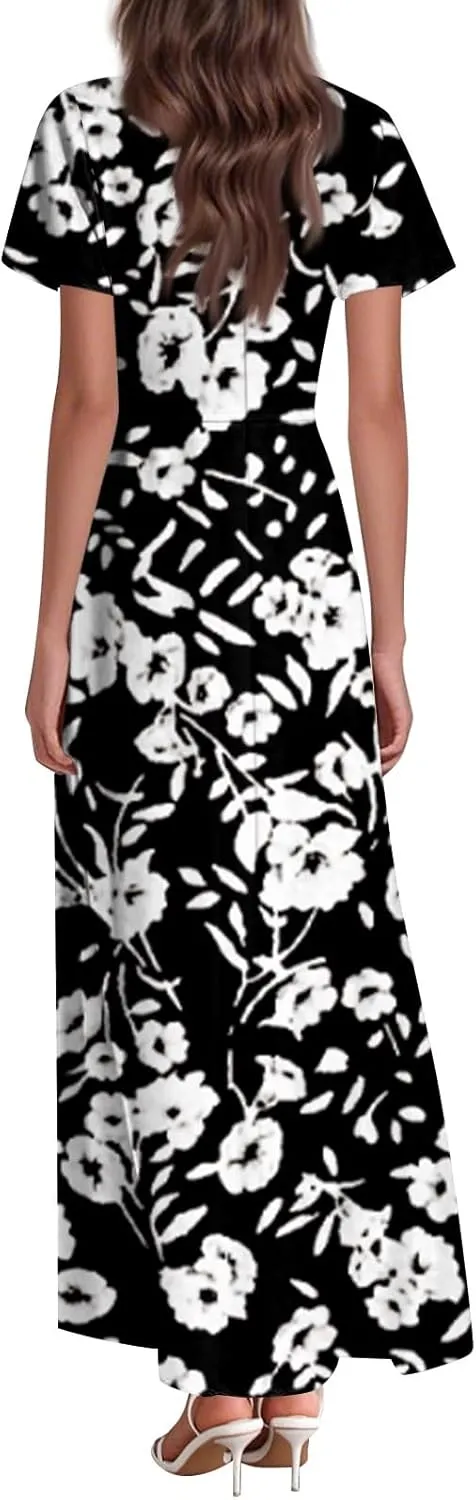 Chiffon Dresses for Women Swing Flowy Ruffle Hem Swing Dress Casual Summer Flutter Sleeve V Neck Beach Long Dresses