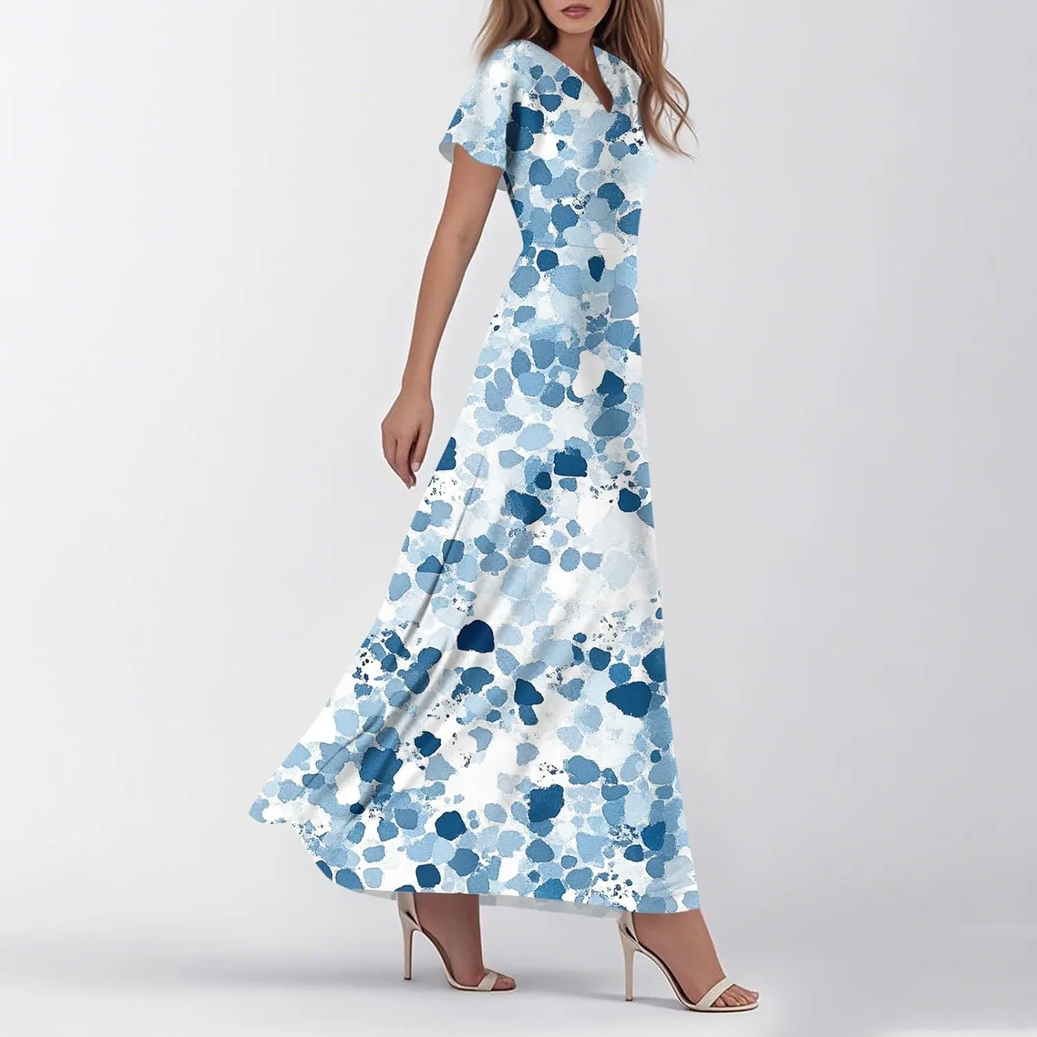 Chiffon Dresses for Women Swing Flowy Ruffle Hem Swing Dress Casual Summer Flutter Sleeve V Neck Beach Long Dresses