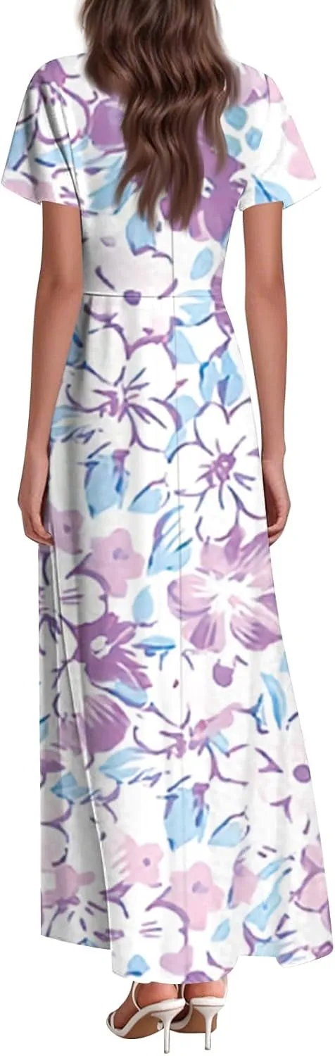 Chiffon Dresses for Women Swing Flowy Ruffle Hem Swing Dress Casual Summer Flutter Sleeve V Neck Beach Long Dresses