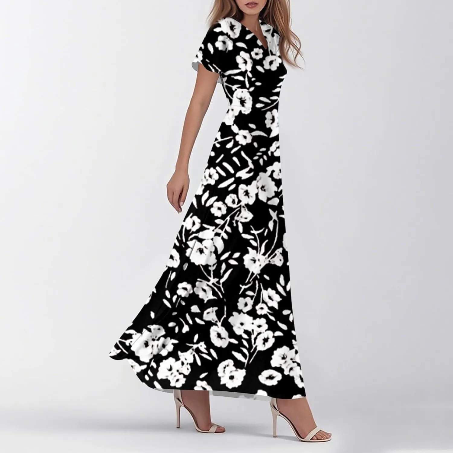 Chiffon Dresses for Women Swing Flowy Ruffle Hem Swing Dress Casual Summer Flutter Sleeve V Neck Beach Long Dresses