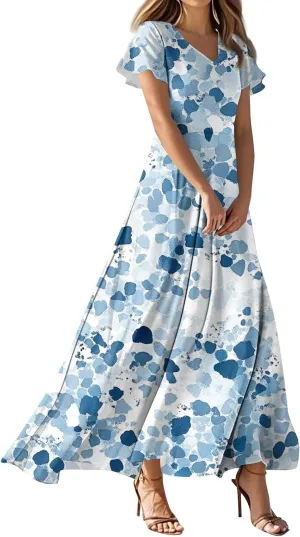 Chiffon Dresses for Women Swing Flowy Ruffle Hem Swing Dress Casual Summer Flutter Sleeve V Neck Beach Long Dresses