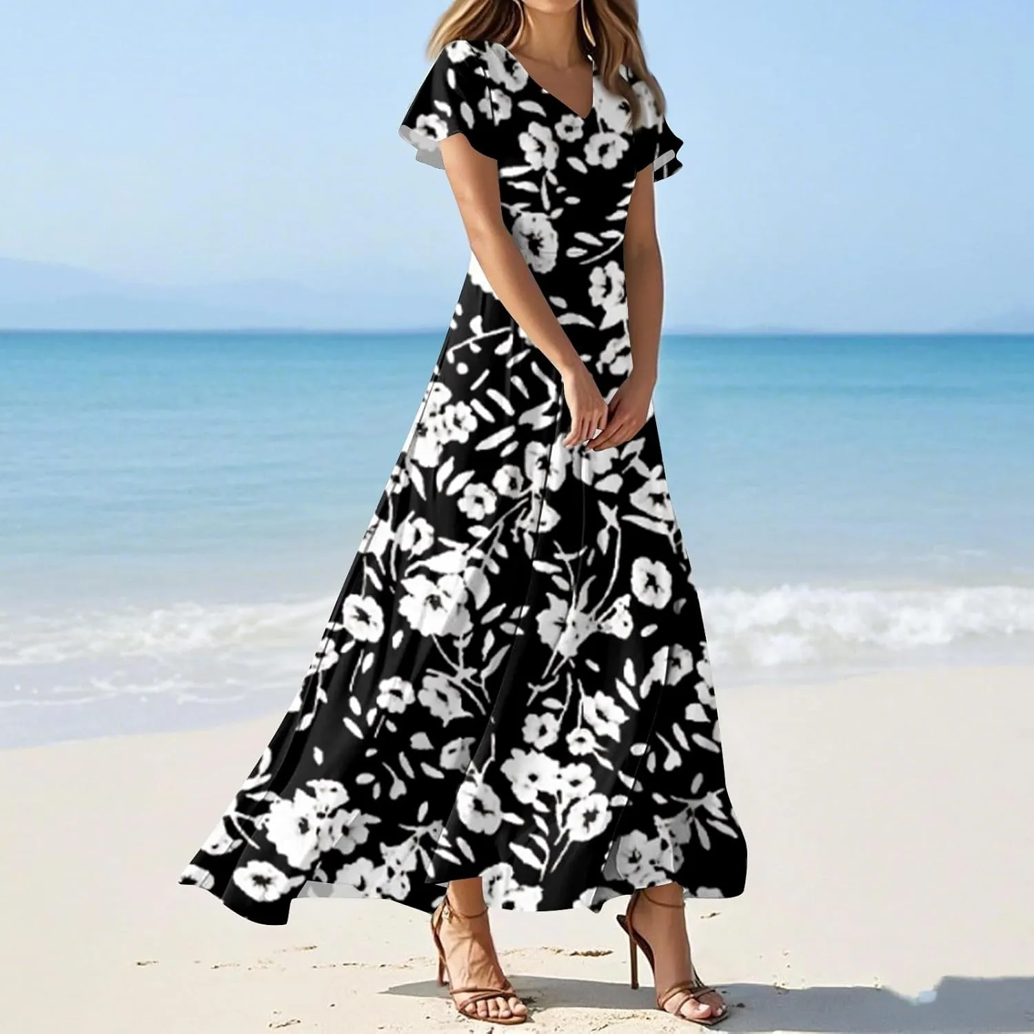 Chiffon Dresses for Women Swing Flowy Ruffle Hem Swing Dress Casual Summer Flutter Sleeve V Neck Beach Long Dresses
