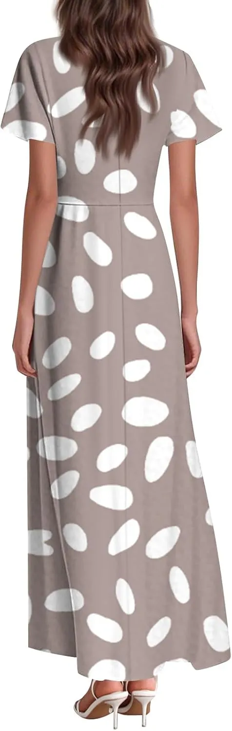 Chiffon Dresses for Women Swing Flowy Ruffle Hem Swing Dress Casual Summer Flutter Sleeve V Neck Beach Long Dresses