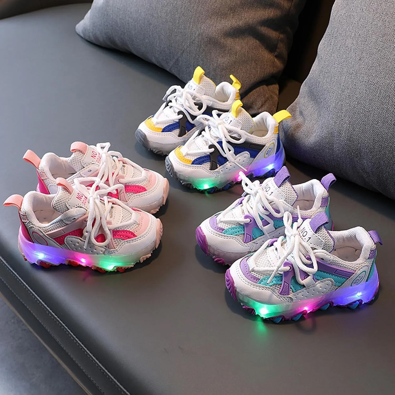 Children Kids Baby Girls Sneakers Led Light Luminous Sport Shoes Boys Lace up Stitching Color Bling Sneakers