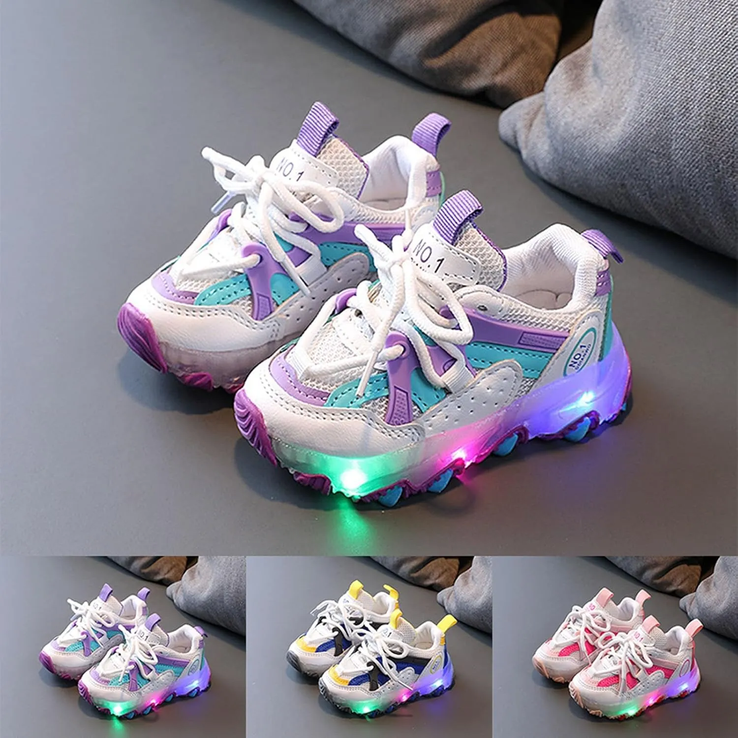 Children Kids Baby Girls Sneakers Led Light Luminous Sport Shoes Boys Lace up Stitching Color Bling Sneakers