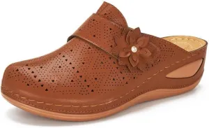 Clogs for Women Mules Slip on Closed Toe Sandals Summer Dressy Comfortable Walking Wedge Clogs, Hollow Out Breathable Flower Buckle Sandals Arch Support Orthopedic Slippers Backless Low Wedge Shoes