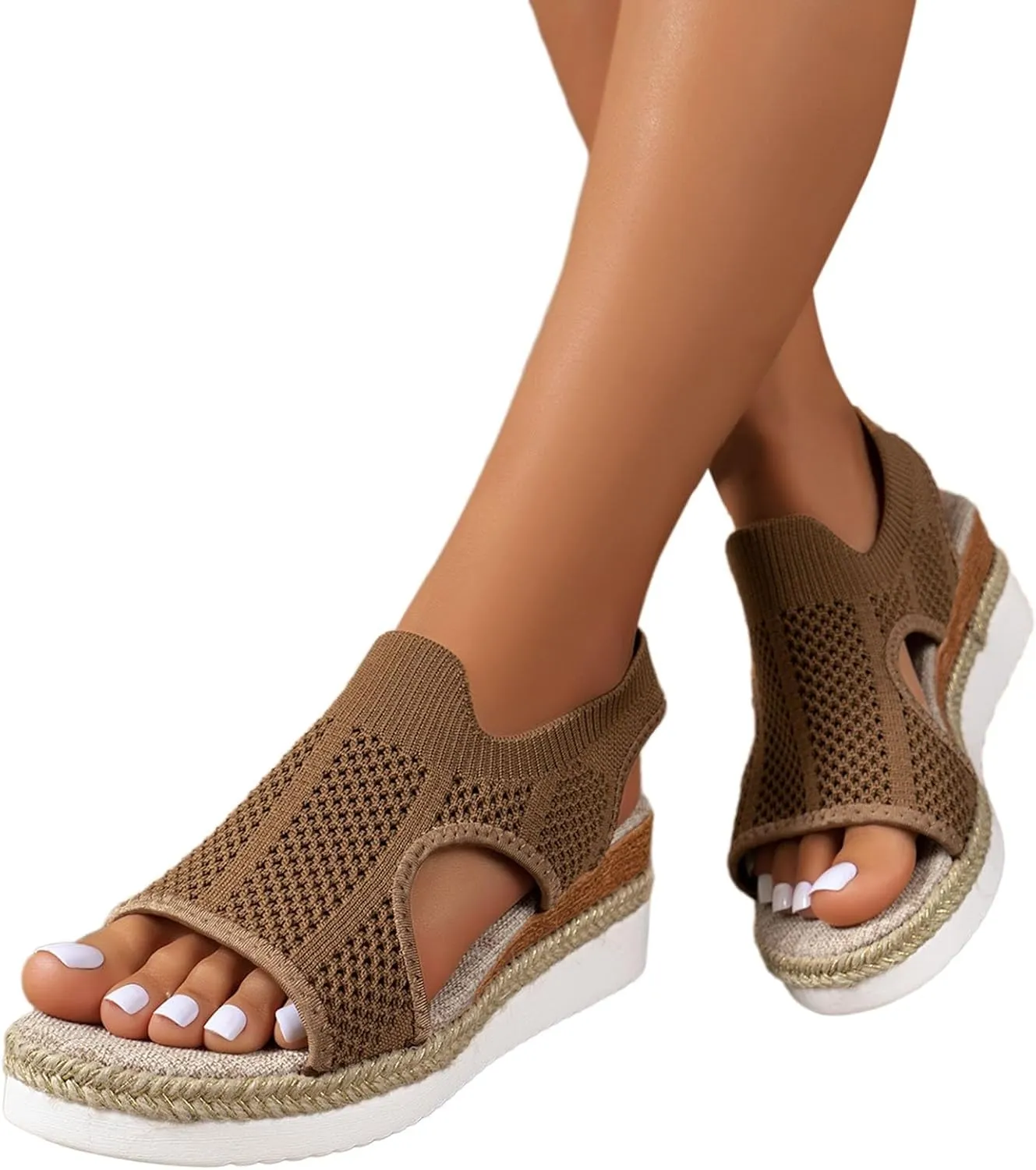 Closed Toe Sandals Women Summer Casual Hollow Strappy Flat Buckle Strap Comfort Insoles, Stylish Jute Wrapped Bottom Design Arch Support Wedge Platform Sandals