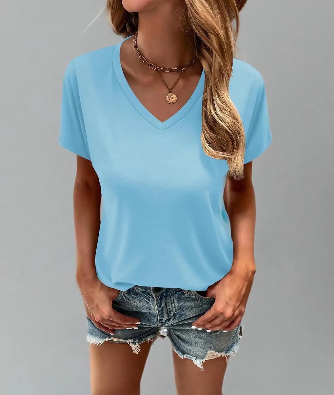 Cosonsen Women's Tops V-Neck Short Sleeve Tshirts Tees Casual Summer Top