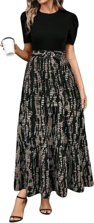 COTECRAM Women's 2025 Summer Casual Short Sleeve Crew Neck High Waist Smocked Tiered A Line Boho Beach Midi Maxi Dress