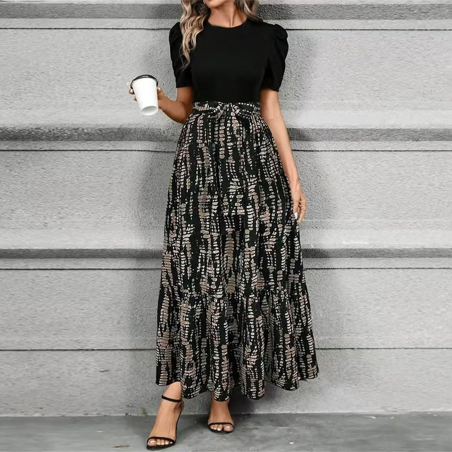 COTECRAM Women's 2025 Summer Casual Short Sleeve Crew Neck High Waist Smocked Tiered A Line Boho Beach Midi Maxi Dress