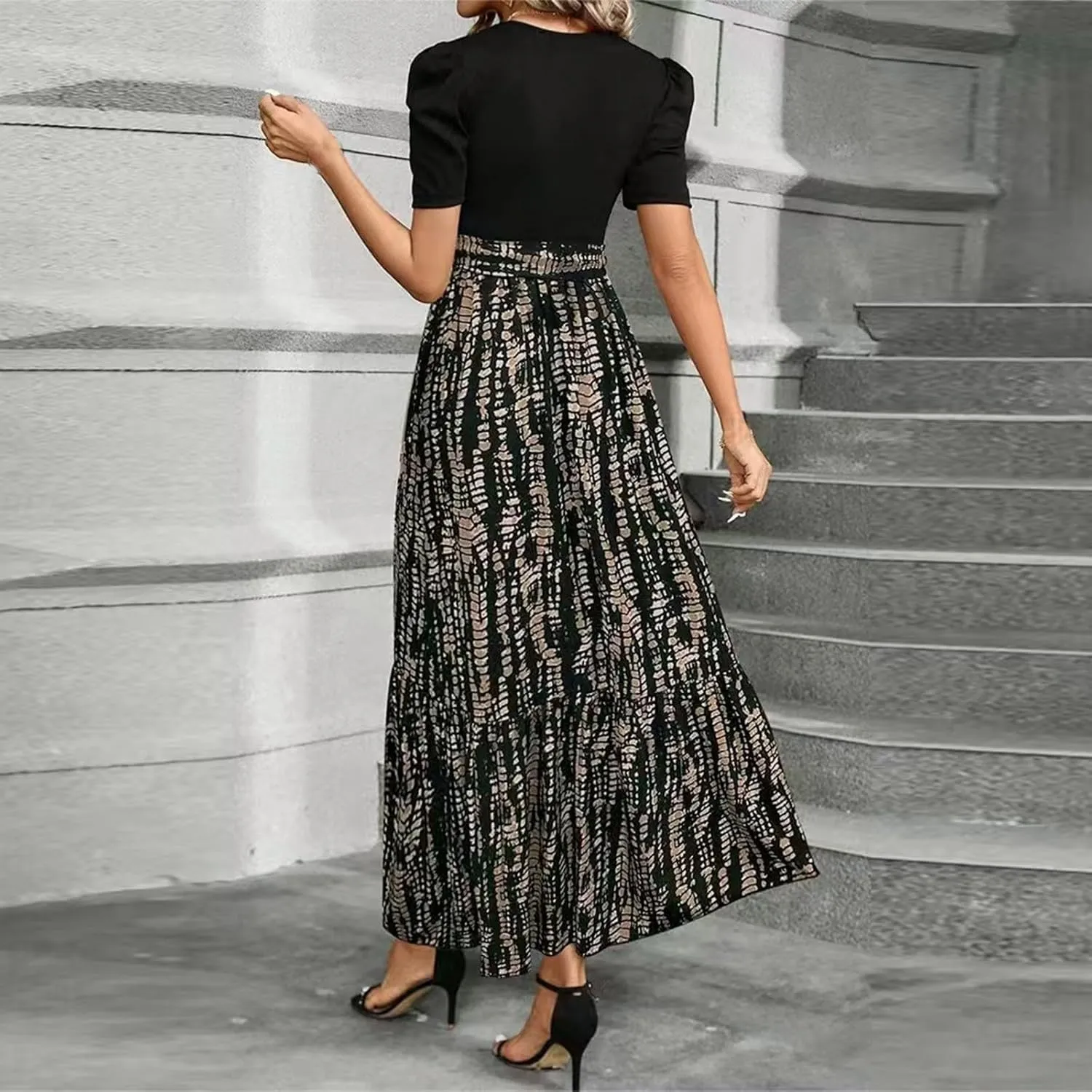 COTECRAM Women's 2025 Summer Casual Short Sleeve Crew Neck High Waist Smocked Tiered A Line Boho Beach Midi Maxi Dress