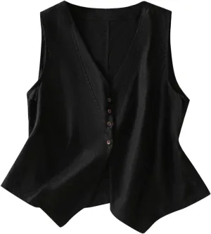 Cotton Linen Vest for Women Sleeveless Button Down Coats Casual Lightweight V Neck Retro 2024 Fall Jackets Pockets