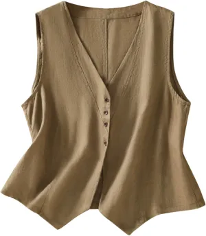 Cotton Linen Vest for Women Sleeveless Button Down Coats Casual Lightweight V Neck Retro 2024 Fall Jackets Pockets