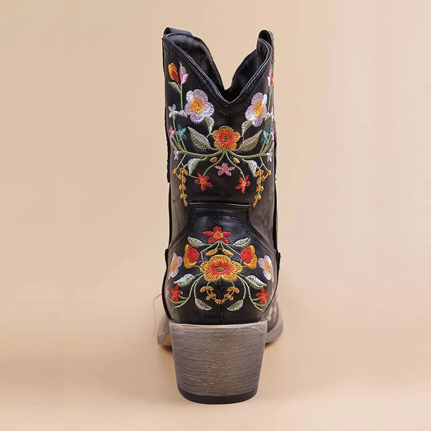 Cowboy Boots for Women Vintage Western Cowgirl Boots Chunky Heel Pull on Flower Embroidered Square Toe Short Boots