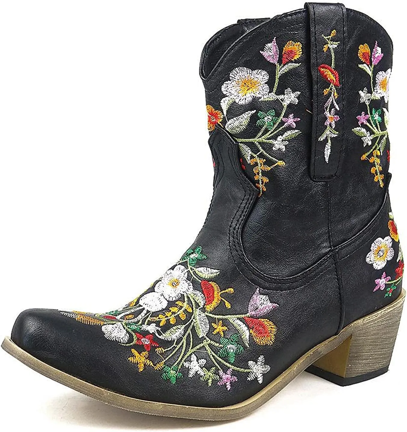 Cowboy Boots for Women Vintage Western Cowgirl Boots Chunky Heel Pull on Flower Embroidered Square Toe Short Boots