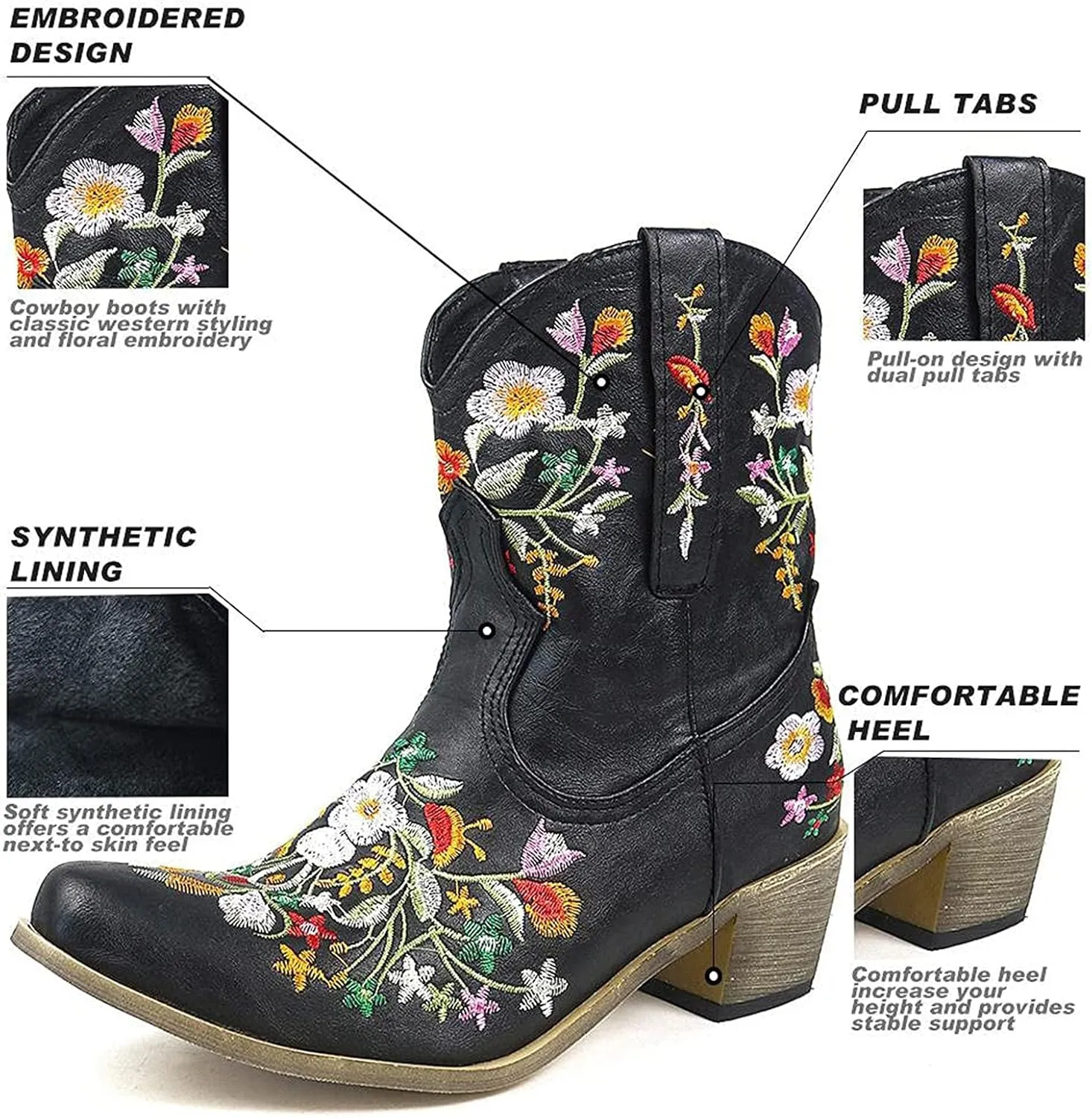 Cowboy Boots for Women Vintage Western Cowgirl Boots Chunky Heel Pull on Flower Embroidered Square Toe Short Boots