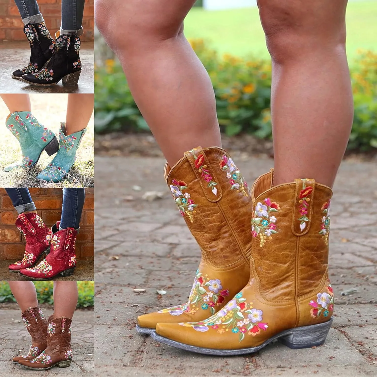 Cowboy Boots for Women Vintage Western Cowgirl Boots Chunky Heel Pull on Flower Embroidered Square Toe Short Boots