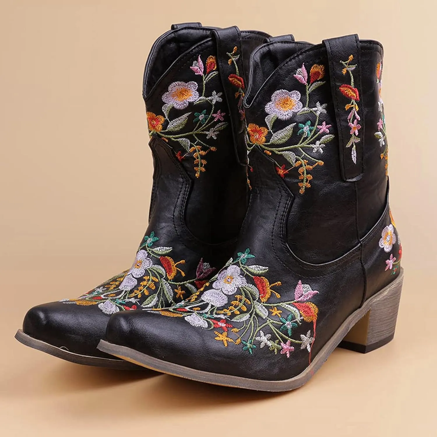 Cowboy Boots for Women Vintage Western Cowgirl Boots Chunky Heel Pull on Flower Embroidered Square Toe Short Boots