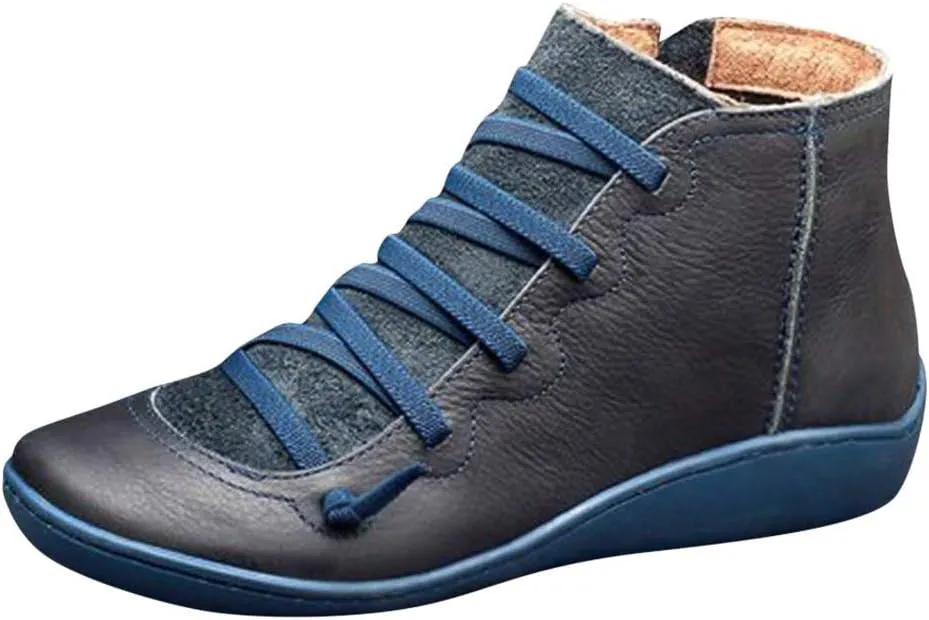 Crzidha Hiking Boots with Arch Support for Women Wide Width Side Zipper Lace Up Round Toe Flat Ankle Boots Comfy Orthopedic Lightweight Outdoor Booties for Plantar Fasciitis
