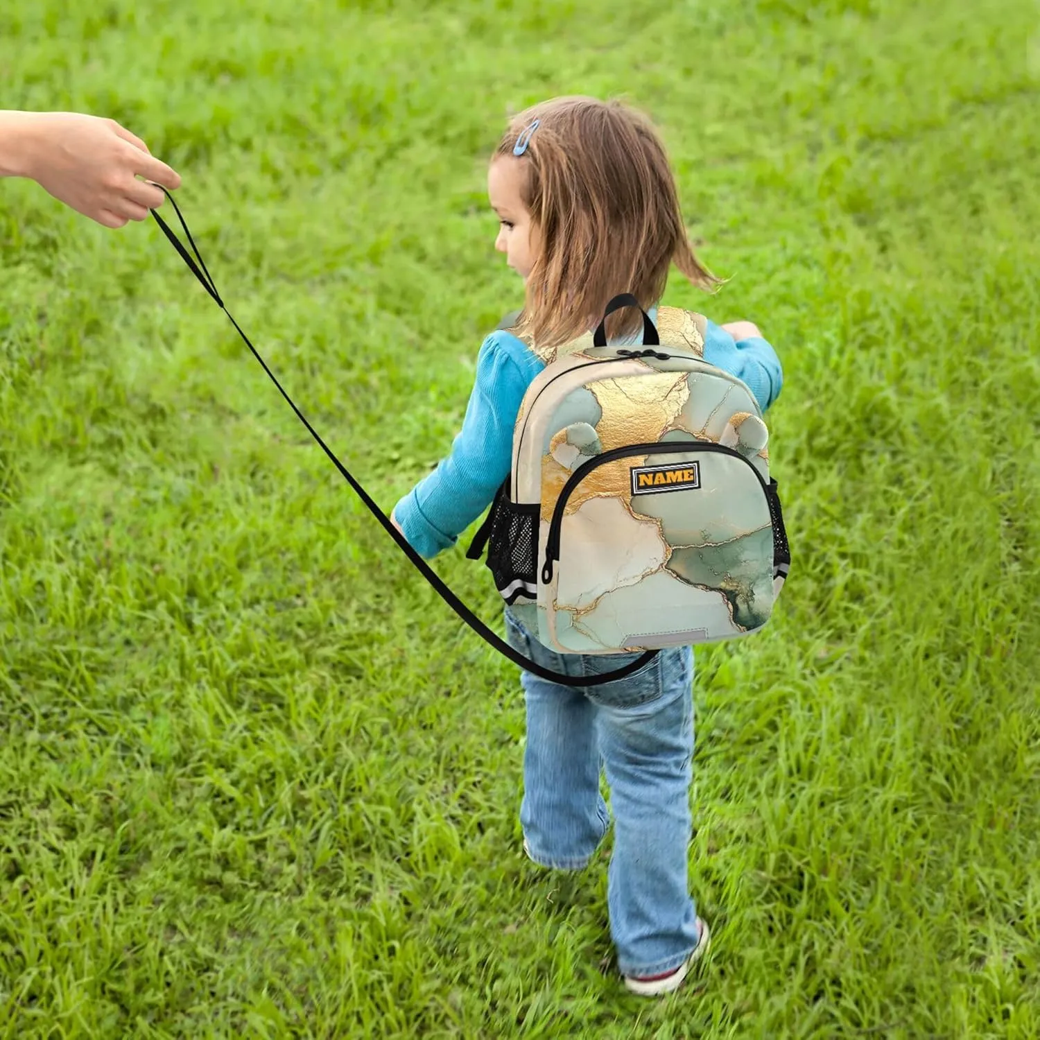 Custom Cute Ears Kids Backpacks Leash Boys Girls Anti-Lost Personalized Toddler Book Bag with Reflective Strip M Marble Sage Green Yellow