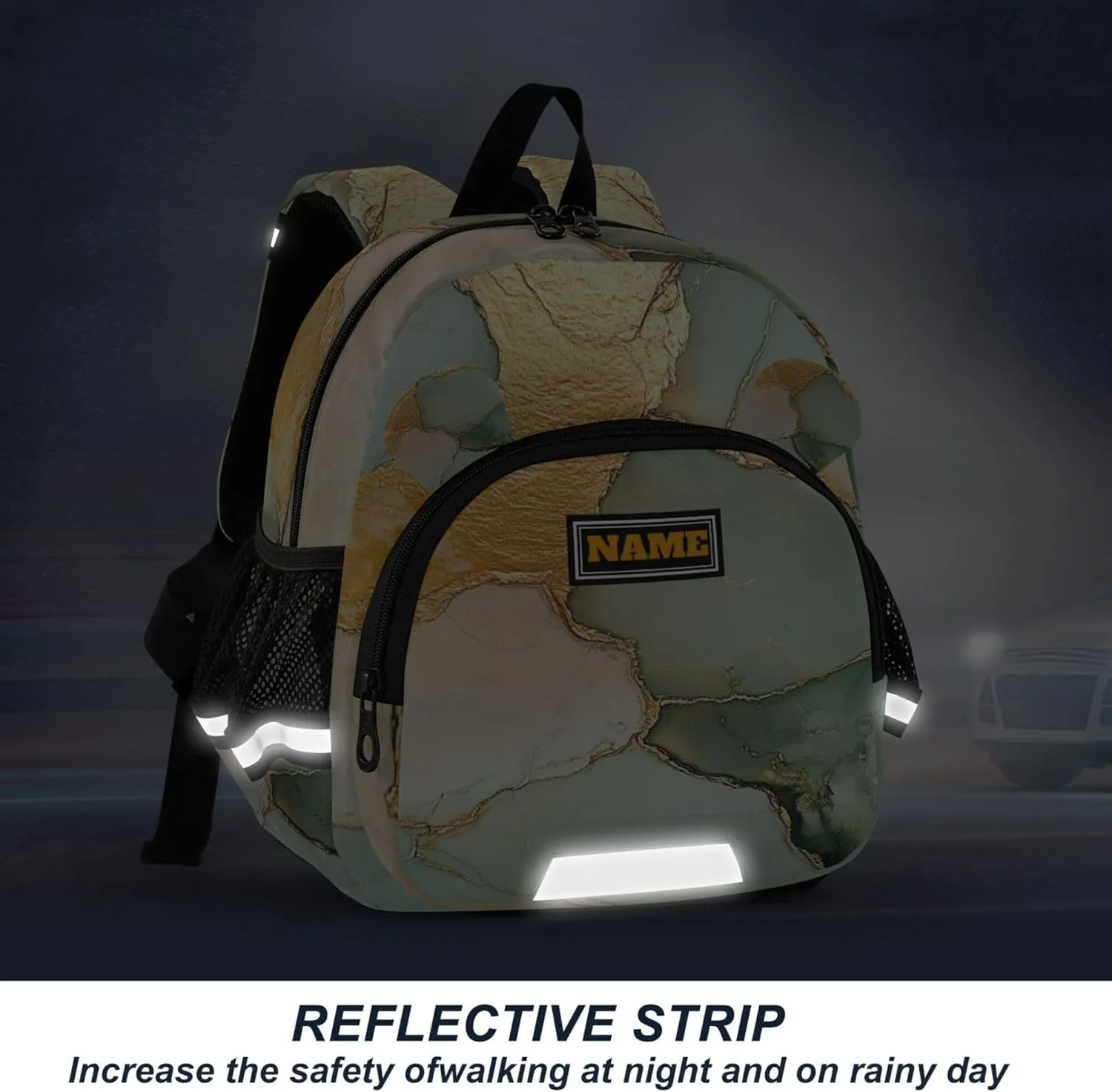 Custom Cute Ears Kids Backpacks Leash Boys Girls Anti-Lost Personalized Toddler Book Bag with Reflective Strip M Marble Sage Green Yellow