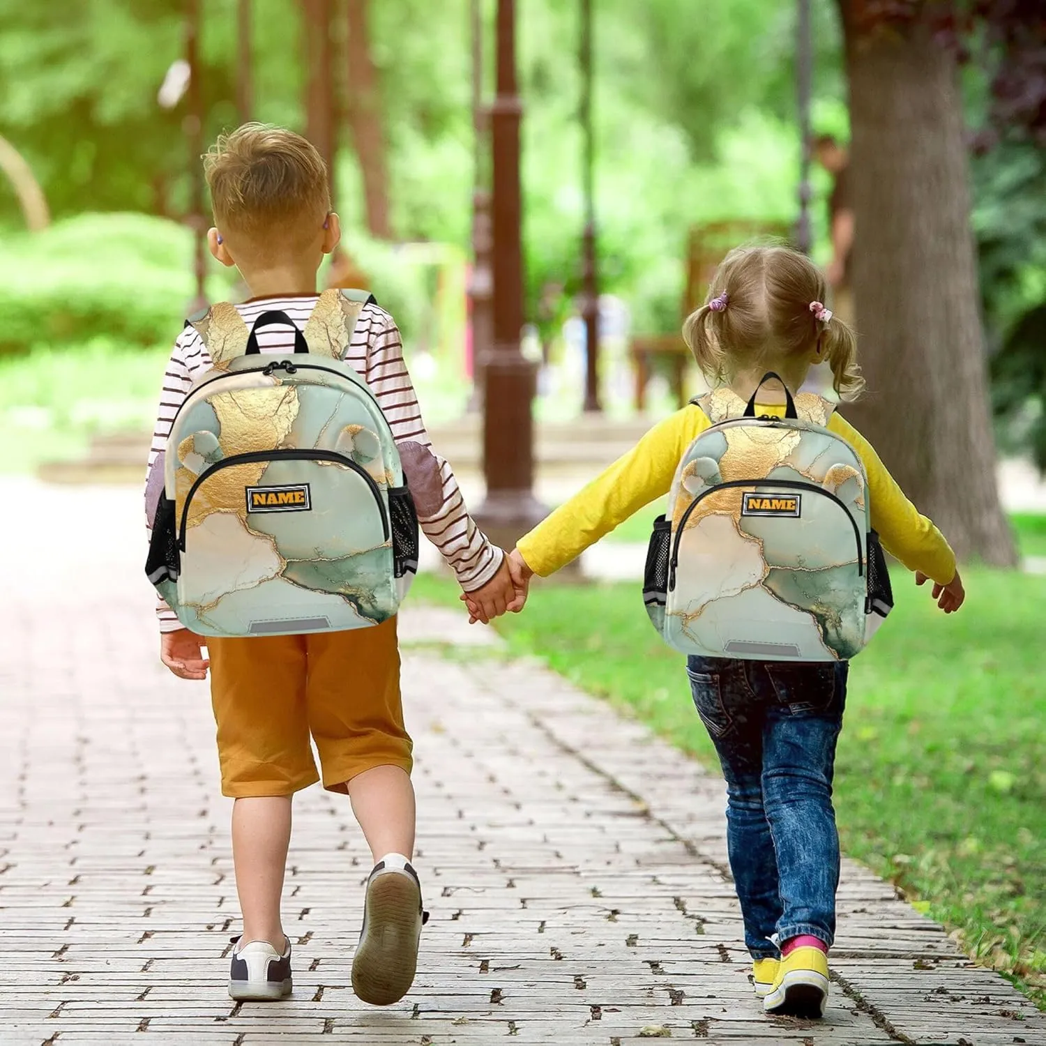 Custom Cute Ears Kids Backpacks Leash Boys Girls Anti-Lost Personalized Toddler Book Bag with Reflective Strip M Marble Sage Green Yellow