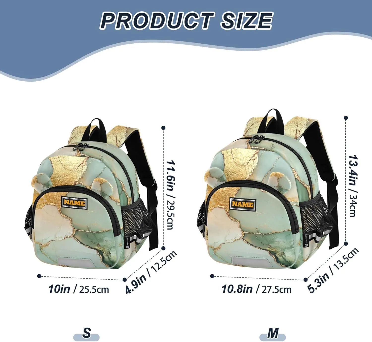 Custom Cute Ears Kids Backpacks Leash Boys Girls Anti-Lost Personalized Toddler Book Bag with Reflective Strip M Marble Sage Green Yellow