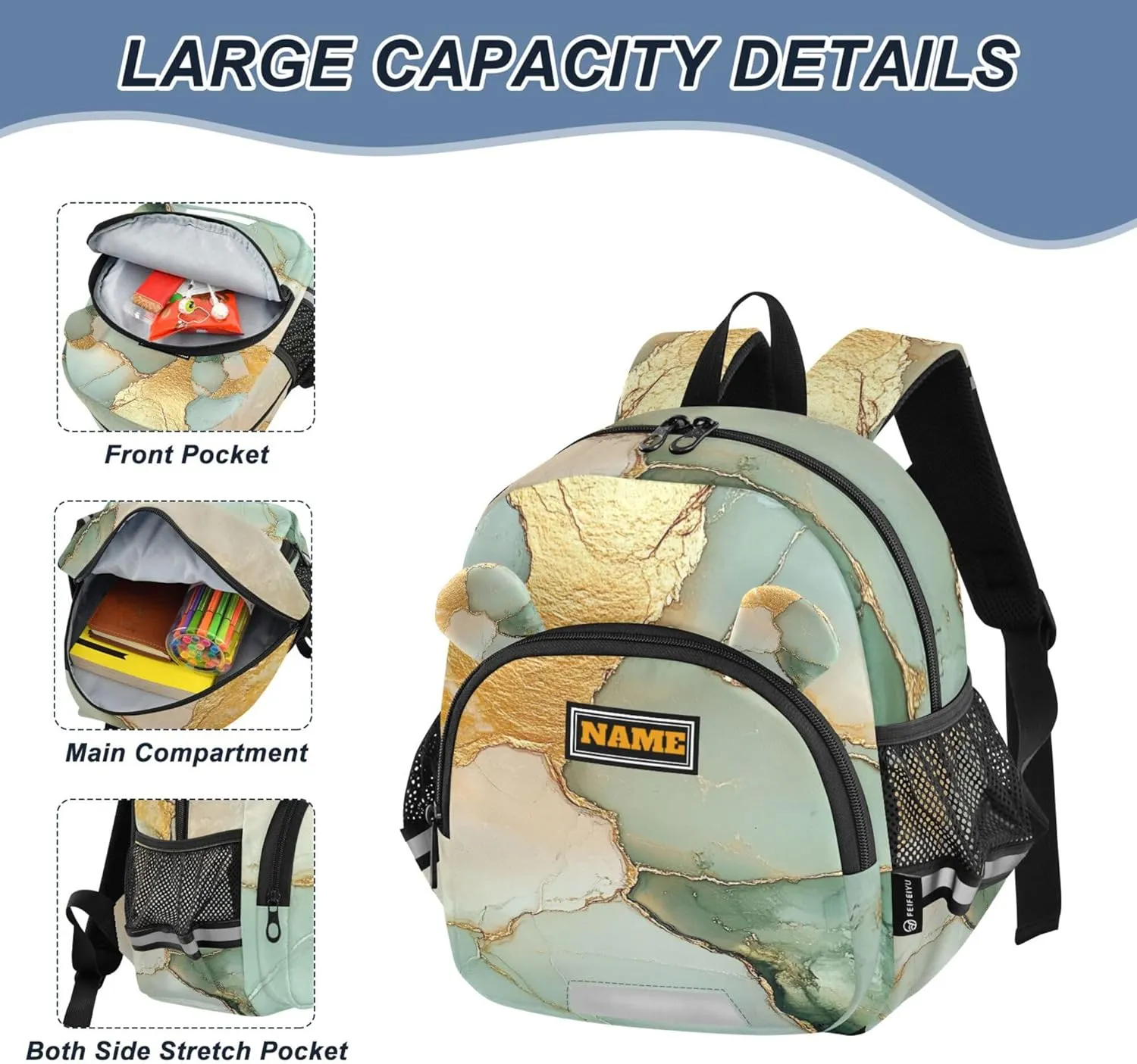Custom Cute Ears Kids Backpacks Leash Boys Girls Anti-Lost Personalized Toddler Book Bag with Reflective Strip M Marble Sage Green Yellow