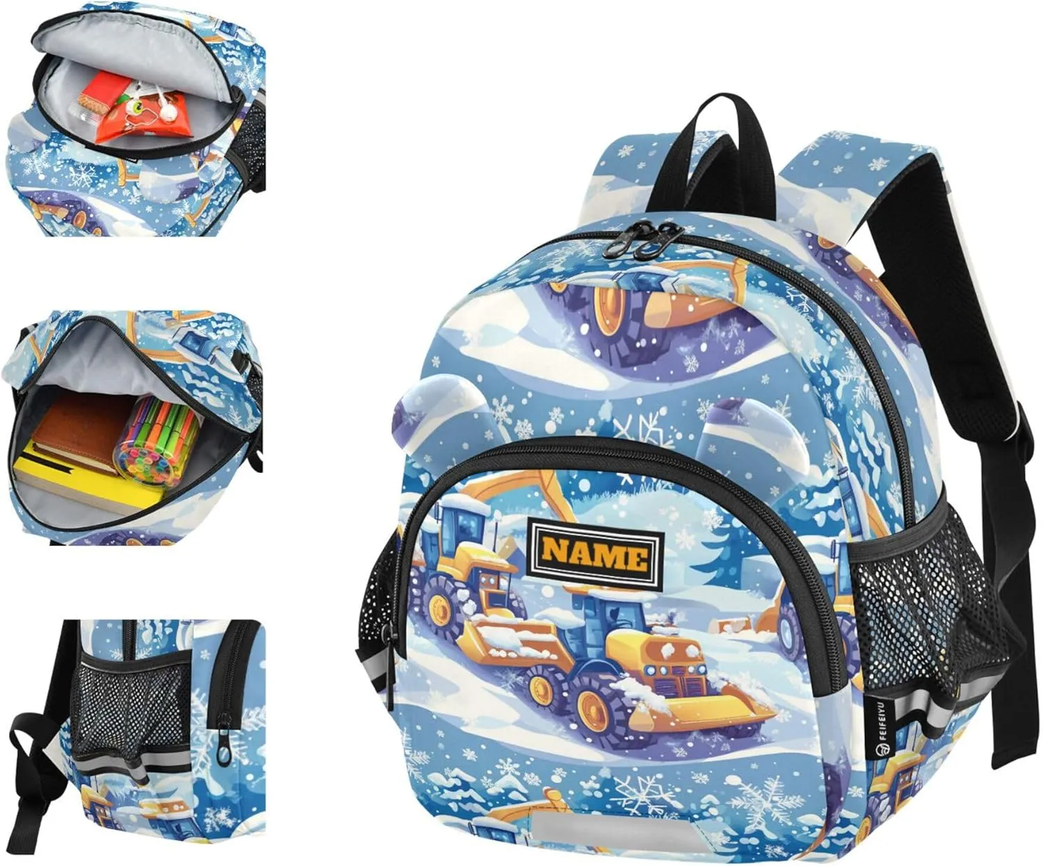 Custom Cute Ears Toddler School Bag Leash Kids Boy's/Girl's Anti-Lost Personalized Daycare Bag with Reflective Strip M Construction Truck Cartoon Bulldozer Snowflake
