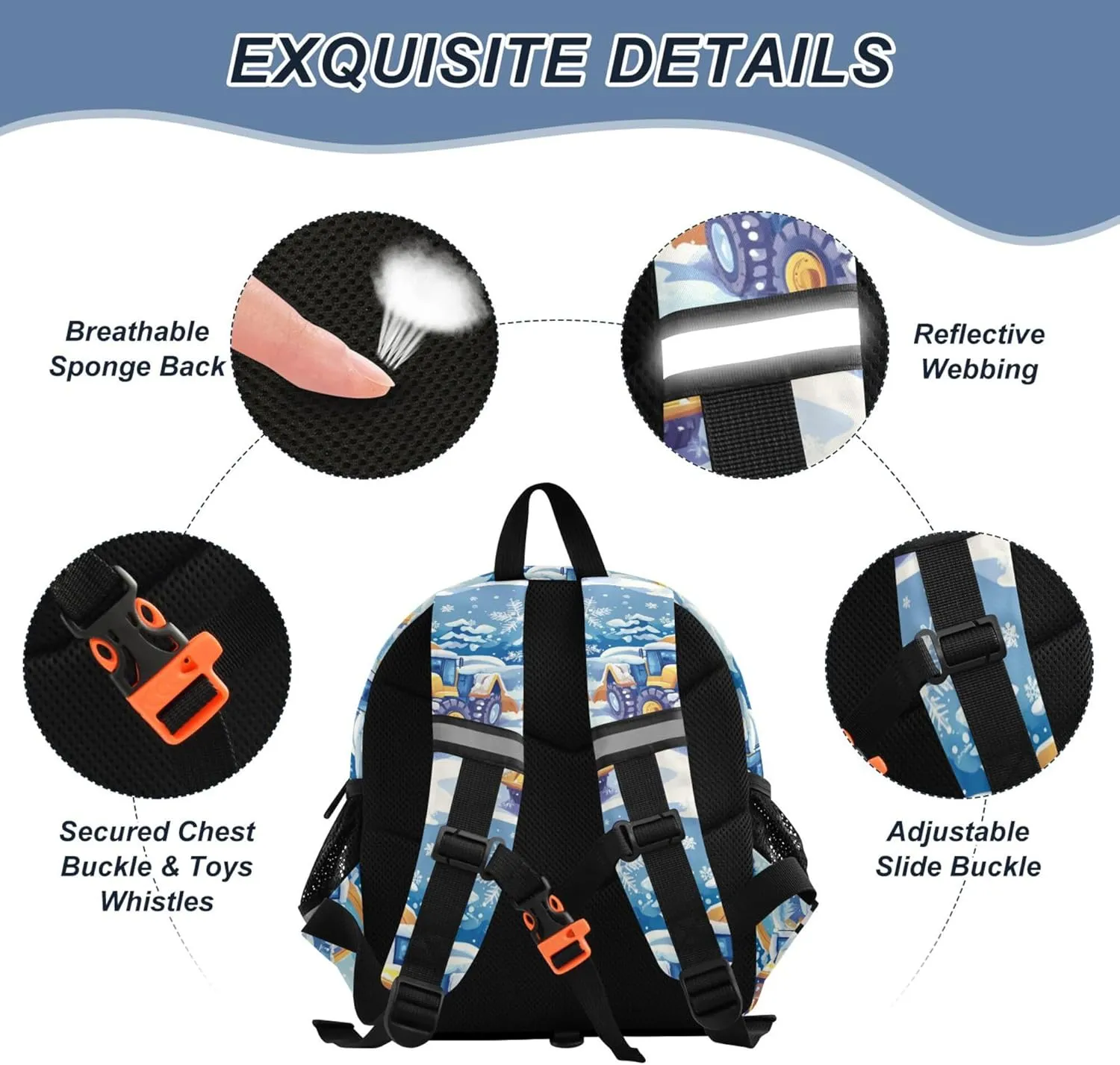 Custom Cute Ears Toddler School Bag Leash Kids Boy's/Girl's Anti-Lost Personalized Daycare Bag with Reflective Strip M Construction Truck Cartoon Bulldozer Snowflake