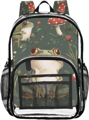 Cute Mushroom and Frog Clear Backpack with Back Print, Heavy Duty See Through Backpacks PVC Transparent Daypack for Travel Security