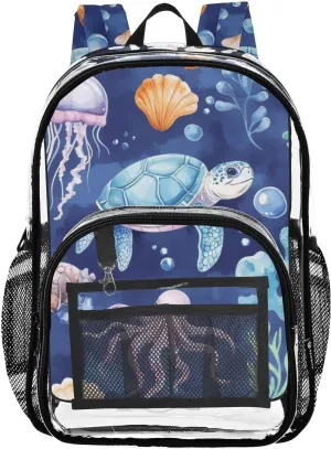 Cute Sea Animal Clear Backpack with Back Print, Heavy Duty See Through Backpacks PVC Transparent Daypack for Travel Security