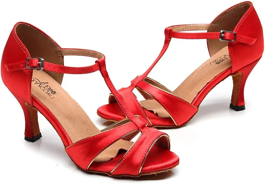 Dancine Ballroom Latin Social Salsa Tango Dance Shoes,Double-Layer Heel Tip,Premium Satin Ballroom Dance Shoes Women Heel Sandals Women Latin Salsa Bachata Performance Dance Shoes 7.5cm Heel