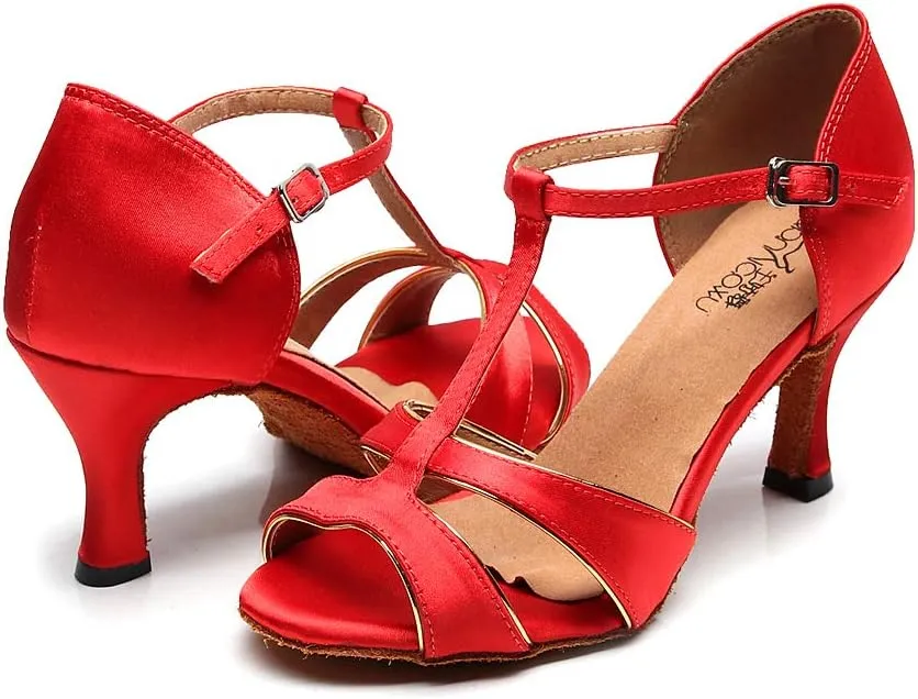 Dancine Ballroom Latin Social Salsa Tango Dance Shoes,Double-Layer Heel Tip,Premium Satin Ballroom Dance Shoes Women Heel Sandals Women Latin Salsa Bachata Performance Dance Shoes 7.5cm Heel