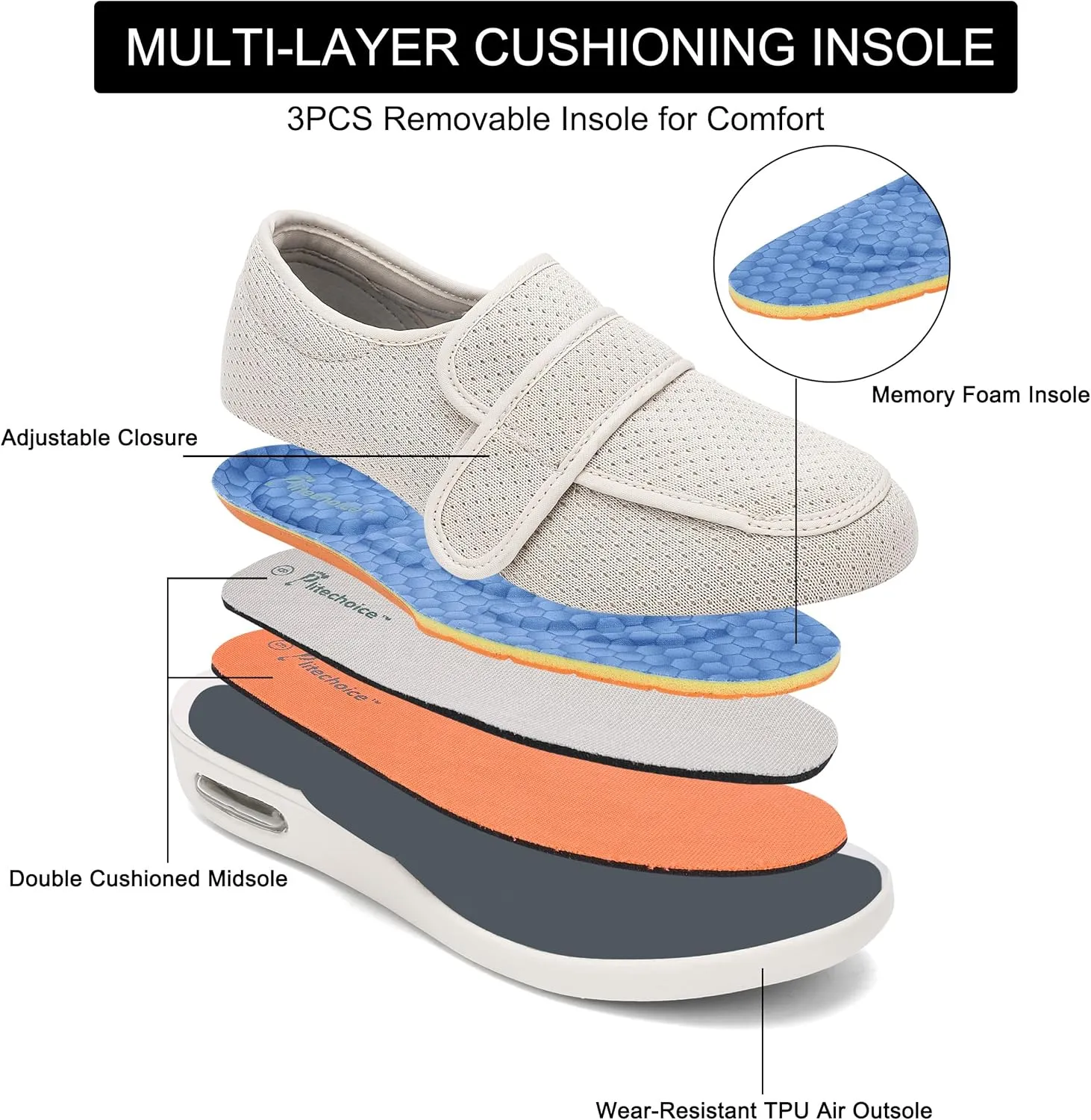 Diabetic Shoes for Women, Women's Wide Width Elderly Shoes, Adjustable Closure Lightweight Breathable, Swollen Feet Walking Edema Sneakers