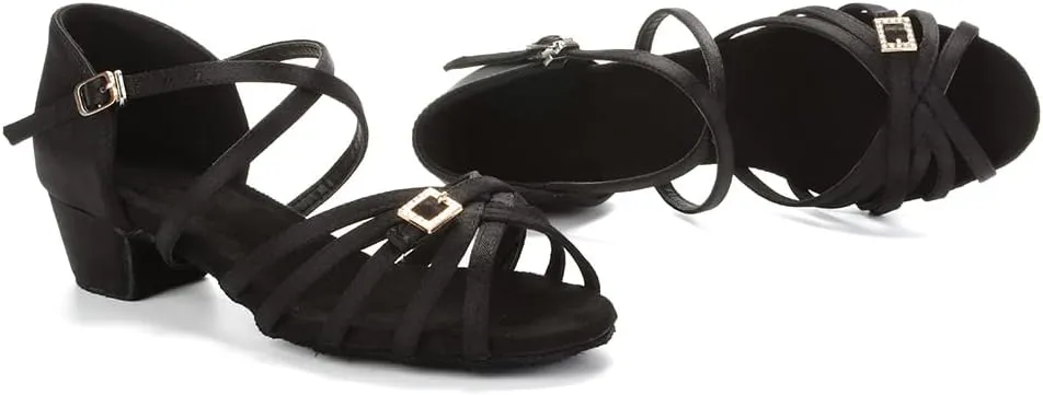 DKZSYIM Girls&Women's Satin Latin Dance Shoes Ballroom Performance Shoes,Model WZJTL