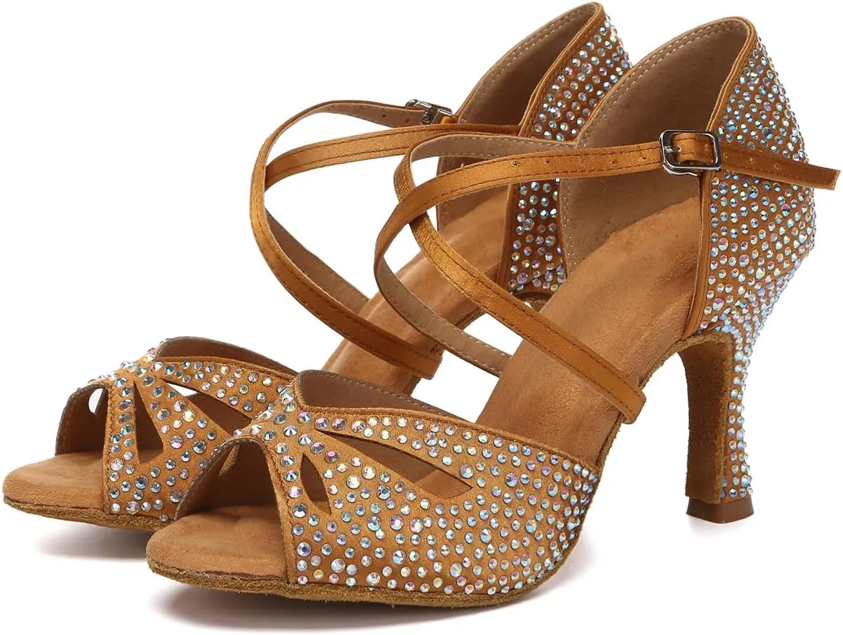 DKZSYIM Rhinestone Women Ballroom Latin Dance Shoes Salsa Tango Party Dance Shoes,Model YC-L642