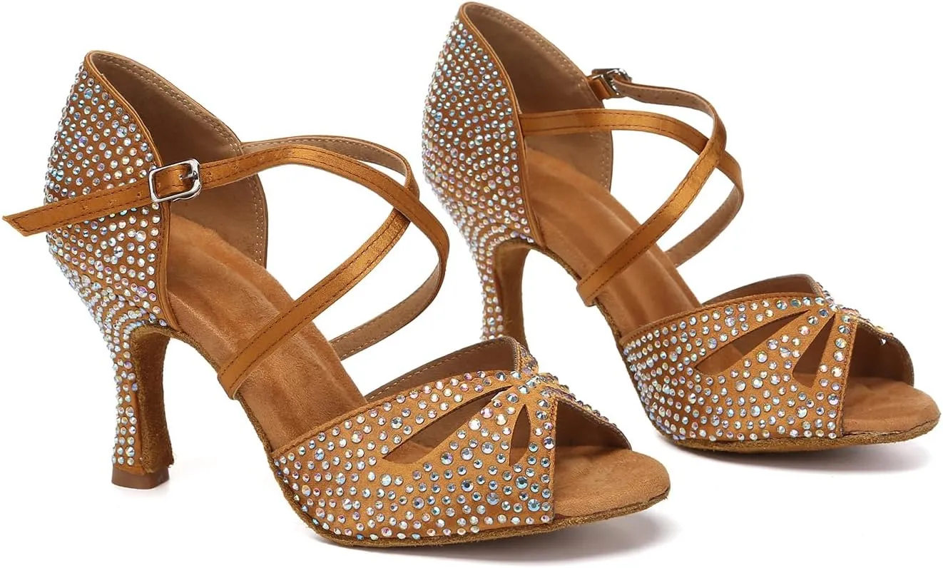 DKZSYIM Rhinestone Women Ballroom Latin Dance Shoes Salsa Tango Party Dance Shoes,Model YC-L642
