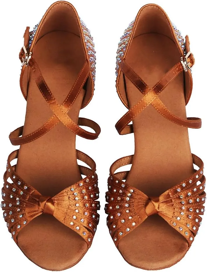DKZSYIM Women Rhinestone Latin Ballroom Dance Shoes Bachata Salsa Practice Performance Dance Shoes,Model AFCT459